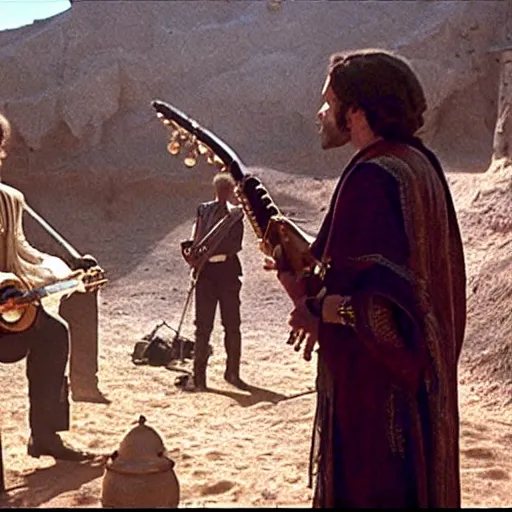 Prompt: Nicolas Cage as berber musicians, smoking hashish and playing string instruments in a dusty, sunny environment, a frame from an early star wars movie