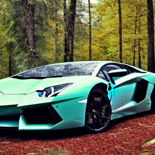 Image similar to lamborghini aventador abandoned in the middle of a forest by the lake