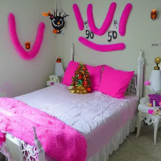 Prompt: homemade bubble gum and pastel pink halloween themed christmas bedroom ideas, high resolution, creative, visually appealling