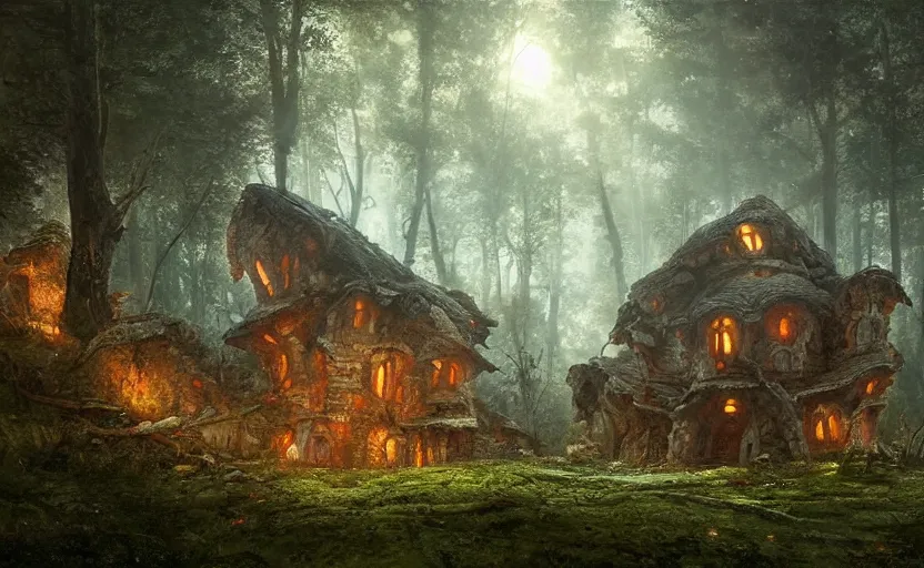 Image similar to A mushroom house that has been destroyed and now it is in rumbles , light coming from the windows, in a dark forest, macro, underexposed, overecast, mysterious matte painting by greg rutkowski and marc simonetti and Ivan Shishkin