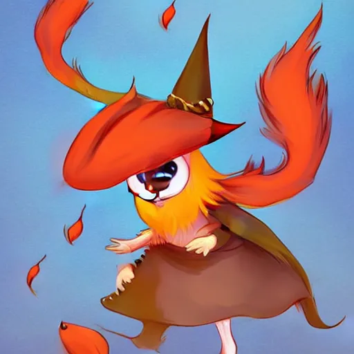 Prompt: cute fiery bird wearing a witch\'s hat. kawaii, adorable, digital art, trending on artstation, fiery bird, anime art by Aokamei and Ross Tran