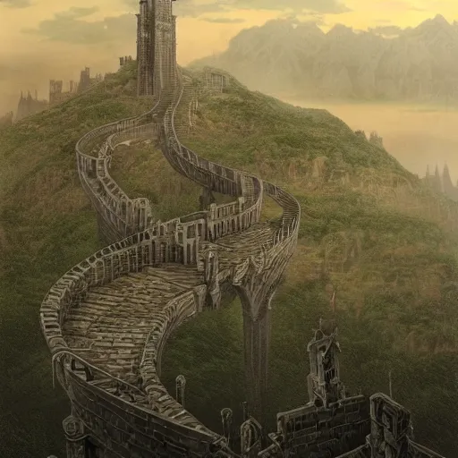 Prompt: an ultra detailed matte painting of a lonely and impossibly tall ominous dark tower elevated high above the city, on an isolated plateau island in a river elevated high above the city fortress tower, fantasy capital city, ultrawide lense, aerial photography, volumetric lighting, exquisite detail, 8 k, art by m. c. escher and greg rutkowski and alphonse mucha