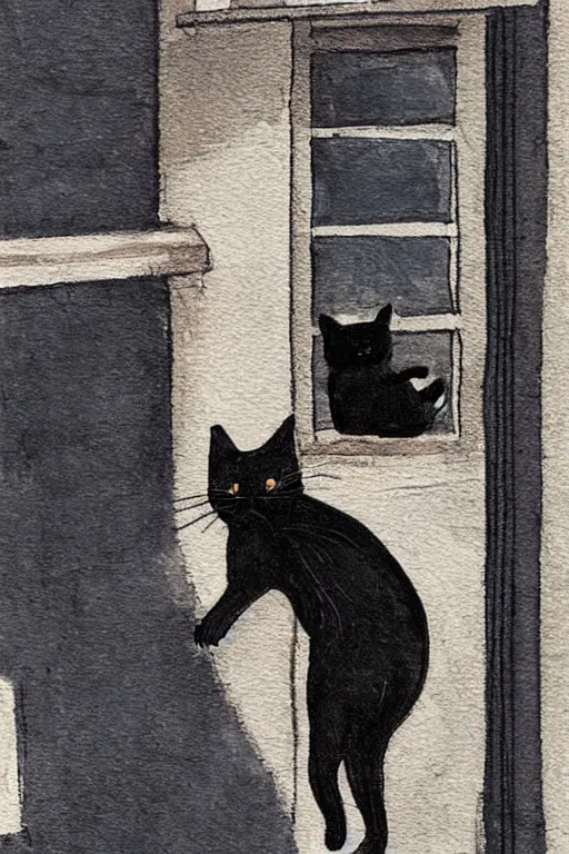 Image similar to sad black cat outside clawing at window, by Tom hammick