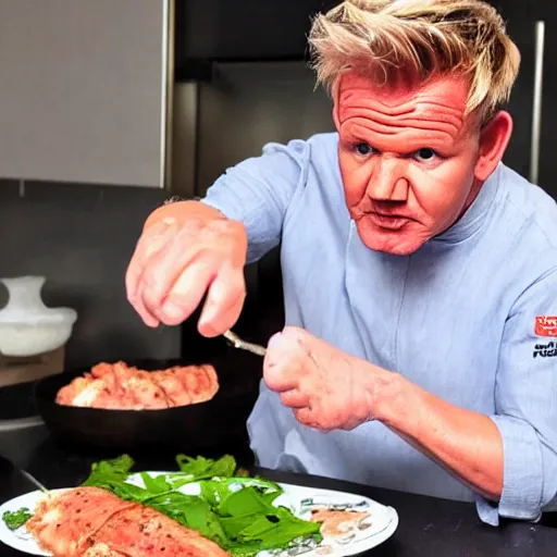 Image similar to Gordon Ramsay eating raw chicken