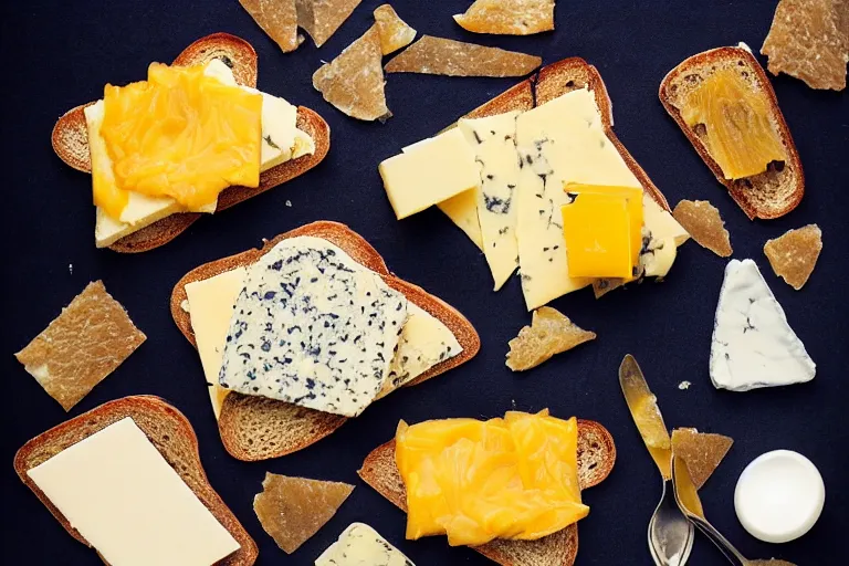 Image similar to 7 0 s food photography of an opulent spread of cheese on toast, on a velvet table cloth, dramatic diffused lighting