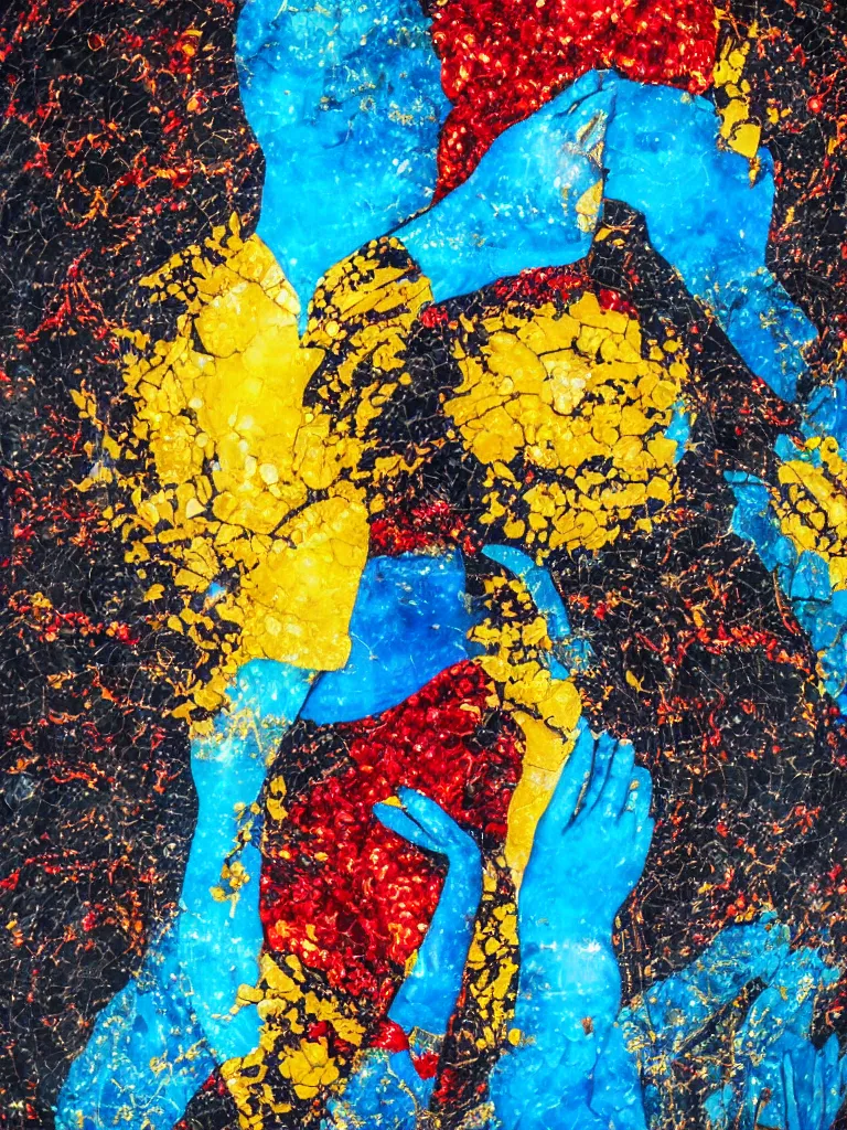 Prompt: gemstones touch fractured beautiful universal love greek rendered couple corruption intricate cgsociety acrylic kintsugi extremely lava embrace kisses tar with dark mangeta obsidian light octane glitches yellow detailed hugs paintdrip smoke art statue red lightblue symmetrical compassion sunflowers repaired sleek trending ice