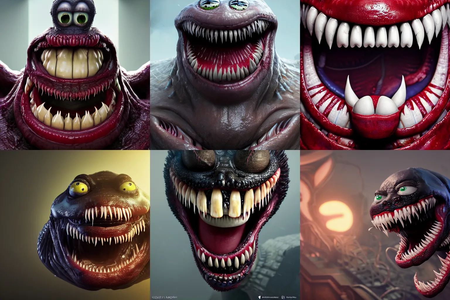 Prompt: incredibly realistic, too detailed face of grimace with googly eyes, venom teeth, carnage teeth, octane render, bump mapping, macro image, global illumination, 8 k, bokeh, enki bilal, yuji himukai, jen zee, peter mohrbacher