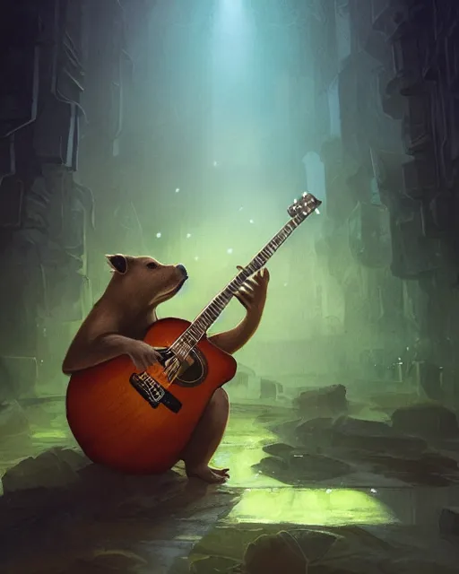 Image similar to Capybara playing Guitar, portrait, dress, magic the gathering artwork, D&D, fantasy, cinematic lighting, centered, symmetrical, highly detailed, digital painting, artstation, concept art, smooth, sharp focus, illustration, volumetric lighting, epic Composition, 8k, art by Akihiko Yoshida and Greg Rutkowski and Craig Mullins, oil painting, cgsociety