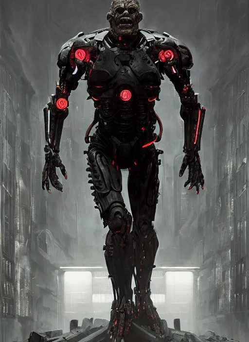 Image similar to willem dafoe as victor stone, full body concept, cyborg, borg, strogg, face of a man, terminator, flesh, quake strogg, doom demon, wolfenstein, monstrous, powerful, symmetry, symmetrical, concept art by ruan jia and greg rutkowski