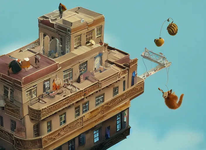 Image similar to A very high resolution image from a new movie, stop motion, about a cat from a musical nyc to a digital space opera, Animated film, volumetric lighting, octane render, directed by wes anderson, Vladimir kush, m.c Escher