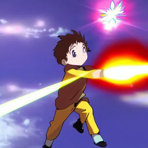 Image similar to a child launching a powerful beam attack, anime