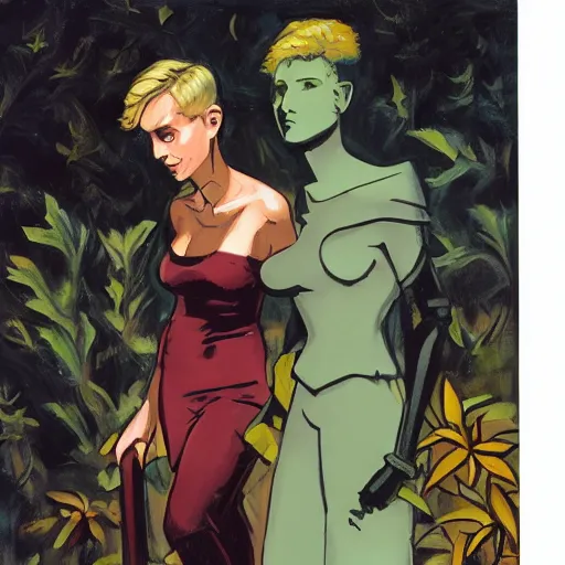 Image similar to short-haired heroic stoic handsome blonde butch tomboy woman engineer standing beside dark fae feathered Jennifer Connelly in garden, in love, Mike Mignola, trending on art station, oil painting