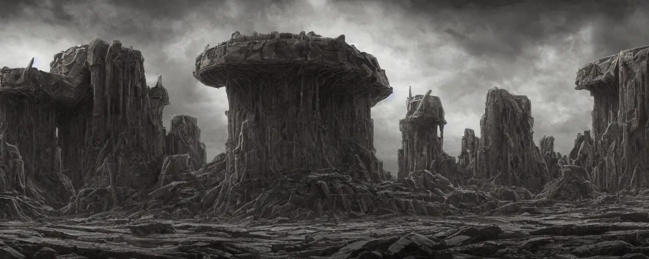 Prompt: a large ominous and geometric ruins of an alien civilization built on a barren dry land with an epic cloud formation on the background by HR GIger, Dariusz Zawadzki, Neil blevins, Feng Zhu, gustave doré, zhuoxin ye, very detailed, octane render, 8k, oranate and brooding, scary and dark, canon 24mm lens