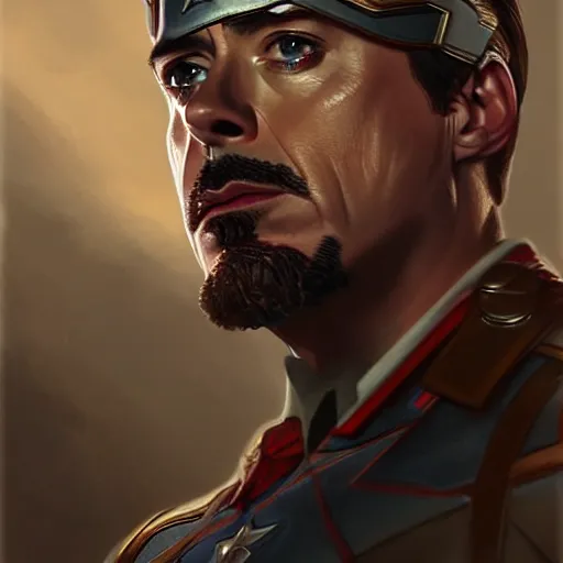 Image similar to handsome Robert Downey Jr as Captain America, western, closeup, D&D, fantasy, intricate, elegant, highly detailed, digital painting, artstation, concept art, matte, sharp focus, illustration, art by Artgerm and Greg Rutkowski and Alphonse Mucha