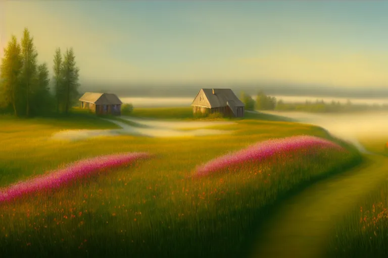 Image similar to a matte painting of a manitoba canada prairie, cottages, foggy, patchy flowers, oil painting, pale colors, high detail, 8 k, wide angle, trending on artstation,