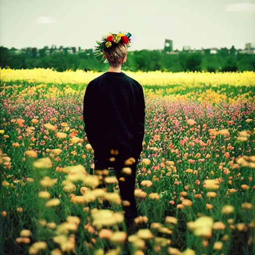 Prompt: kodak portra 4 0 0 photograph of a skinny blonde goth guy standing far back in a field of flowers, back view, flower crown, moody lighting, telephoto, 9 0 s vibe, blurry background, vaporwave colors, faded!,