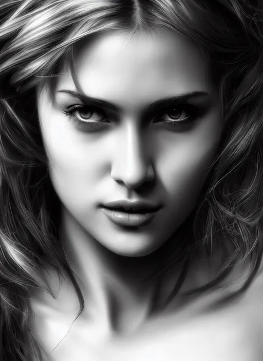 Image similar to up close portrait of a beautiful woman in black and white, photorealistic, intricate hair, art by diego fazio and diegoKoi and oscar Ukono, concept art, sharp focus, artgerm, 8k highly detailed