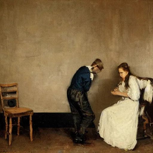 Image similar to a young man and a young woman solving an escape room puzzle, mysterious markings on the wall, by alfred stevens