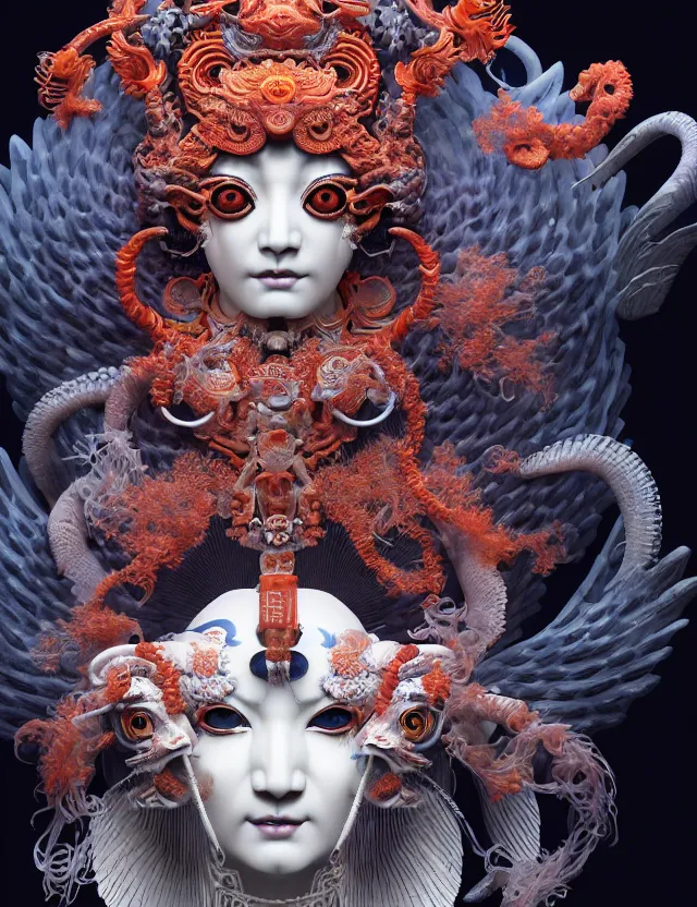 Image similar to 3 d goddess of hell close - up profile portrait with ram skull. beautiful intricately detailed japanese crow kitsune mask and clasical japanese kimono. betta fish, jellyfish phoenix, bio luminescent, plasma, ice, water, wind, creature, artwork by tooth wu and wlop and beeple and greg rutkowski