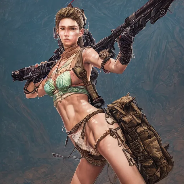 Image similar to the portrait of lawful neutral semi - colorful female infantry gunner as absurdly beautiful, gorgeous, elegant, young swimsuit model, an ultrafine hyperdetailed illustration by kim jung gi, irakli nadar, intricate linework, bright colors, octopath traveler, final fantasy, unreal engine 5 highly rendered, global illumination, radiant light, detailed and intricate environment