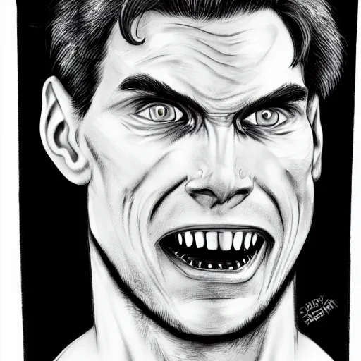 Image similar to Jerma985 with a cheek to cheek smile, sinister looking, evil intent, horror, uncanny, detailed, high resolution, sharpened, close-up, professional photography, police sketch, wanted poster