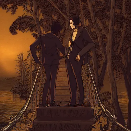 Image similar to two young men, one man human, one man vampire, night, on a birdge, detailed, intricate, aesthetic, artistic, 8 k resolution in the style of holic