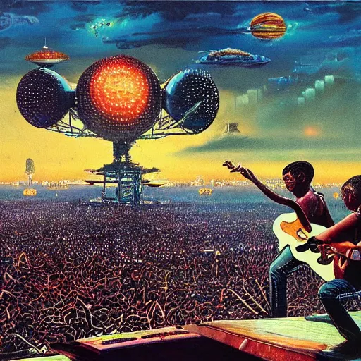 Prompt: a detailed painting of wizkid performing on stage to millions of aliens. by bruce pennington.