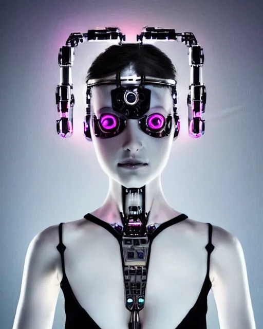 Prompt: portrait photo of female dancer as a cyberpunk mecha humanoid robotic head shoulder parts with straight bright led lights, under a shower, photorealistic and detailed, 8 k