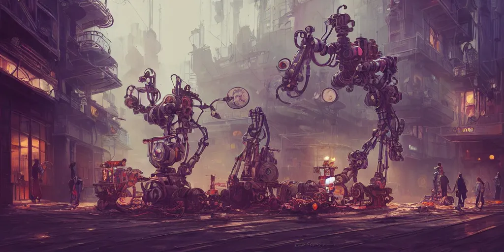 Image similar to hyperrealistic photography of a gorgeous junk cleaning robot on an overpopulated steampunk sci-fi city corner in the style of Jin Kagetsu, James Jean and wlop, highly detailed, masterpiece, award-winning, sharp focus, intricate concept art, ambient lighting, 8k, artstation