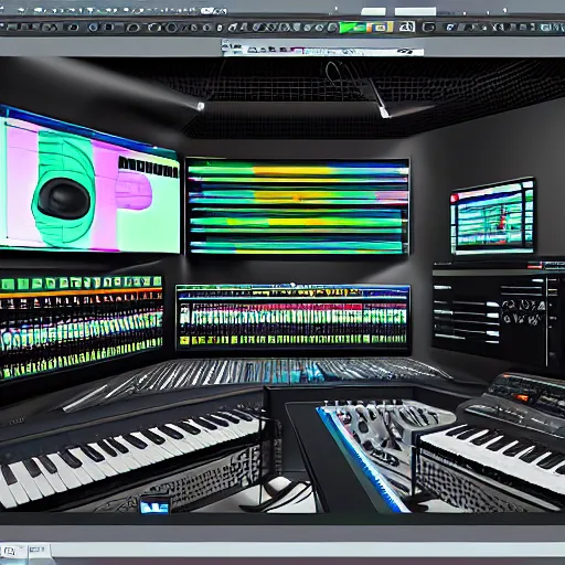 Image similar to Virtual Reality music studio Ableton Live theme concept, raytracing, highly detailed, futuristic, unreal engine 5, photoscan