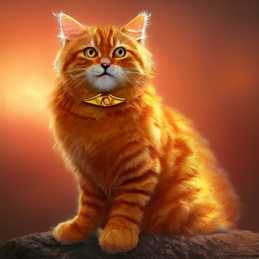 Image similar to colossal fluffy orange royal king tabby cat wearing a golden crown, golden hour, fantasy, vivid colors, sharp focus, digital art, hyper - realistic, 4 k, unreal engine, highly detailed, hd, dramatic lighting by brom, trending on artstation