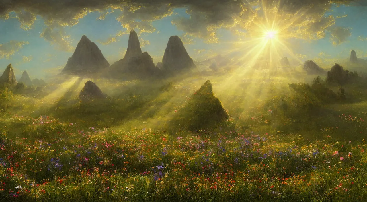 Prompt: rhythmic interval tectonic surfaces as resonant waves of harmonic organic mystical megastructure crystal lattice pyramid architectures exploding with light and god rays in a meadow full of wildflowers by albert bierstadt, by glen small, photorealistic, god rays, octane, depth of field, bladerunner