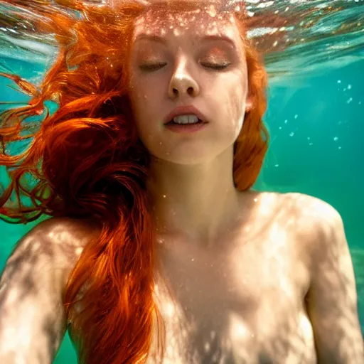 Prompt: low angle underwater still of a beautiful redhair model looking off into the distance, long curvy hairstyle, beautiful medium aquamarine eyes, spots of foxing, with a soft natural undersea golden hour rays of light falling on her face. focus is on her eyes and browsl, water refraction, fujifilm x - pro 2. by annie leibowitz