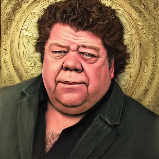 Image similar to amazing artgerm portrait of george wendt as a preraphaelite painting, collaboration with j. scott campbell and artgerm with edward burn jones