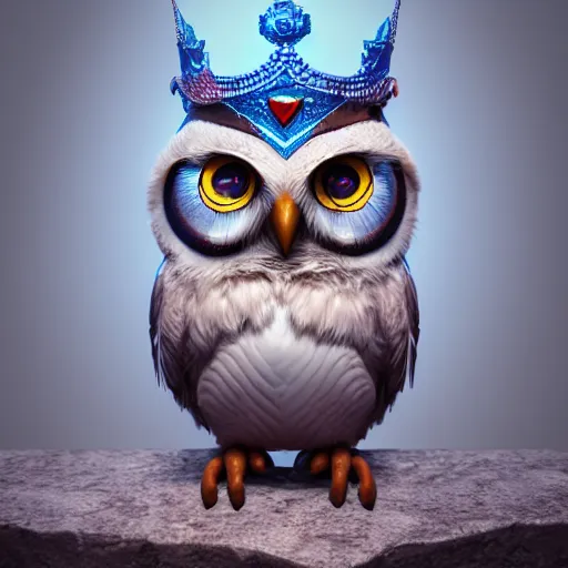 Image similar to cute owl, charactor, with big blue eyes, with a crown on his head, magical, warrior, hyper detailed, stylistic, symmetrical, 3 d render, photorealitic, 8 k, octane render