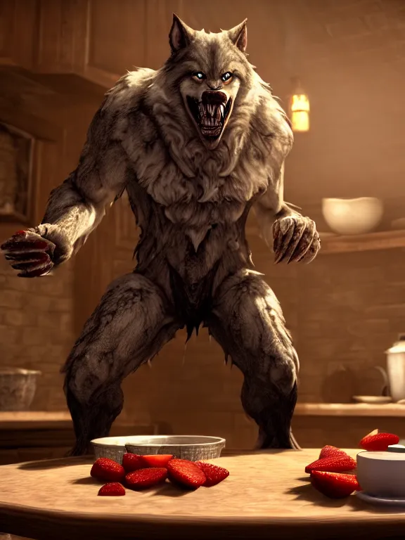 Prompt: cute handsome cuddly burly surly relaxed calm timid werewolf from van helsing sitting down at the breakfast table in the kitchen of a normal suburban home cooking having fun baking strawberry tart cakes unreal engine hyperreallistic render 8k character concept art masterpiece screenshot from the video game the Elder Scrolls V: Skyrim