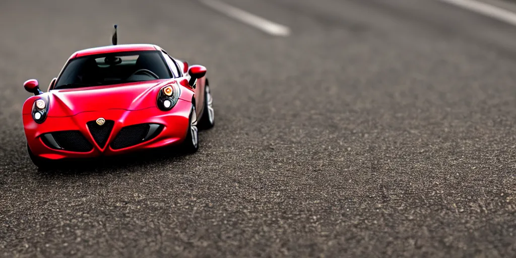 Image similar to photograph. Hot Wheels, 2015 Alfa Romeo 4C, cinematic, PCH, california coast, 8k, depth of field, bokeh. hyper realistic