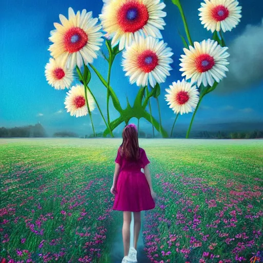 Image similar to giant daisy flower as a head, girl walking in flower field, surreal photography, sunrise, dramatic light, impressionist painting, colorful clouds, digital painting, artstation, simon stalenhag