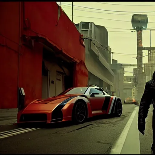 Image similar to cyberpunk Street racer wearing white shirt and black jacket standing next to red Evolution X GTR R35 S15 C3 4 door sports car coupe scene from Bladerunner 2049 Roger Deakins Cinematography movie still 2077