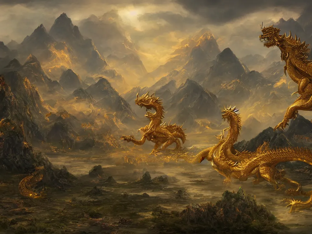 Image similar to a vast landscape painting of a giant golden dragon with horns standing between the mountains with a Chinese temple tower in the distance, trending on artstation, high quality concept art, fantasy, epic composition, detailed and intricate image, cinematic