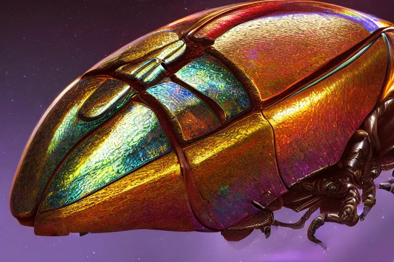 Prompt: iridescent beetle shell, by Thomas Kincade, Richard Sigamani, 8k photorealistic, HD, high details, concept art, trending on artstation