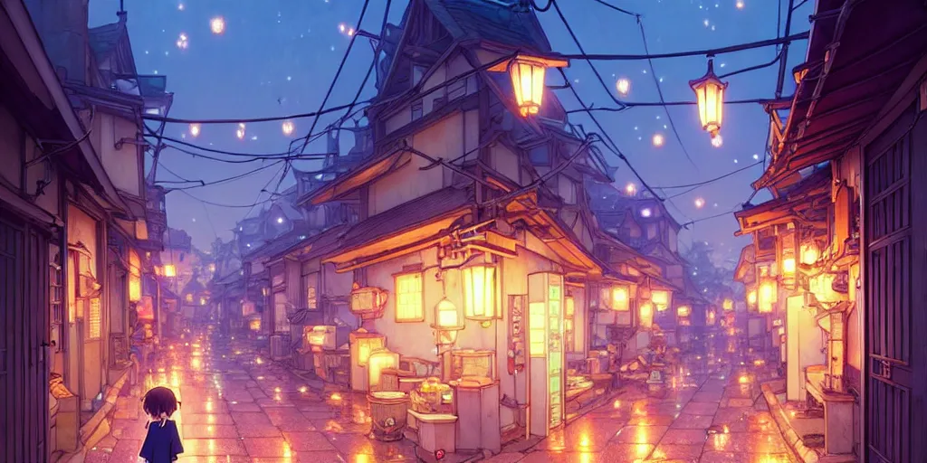 Prompt: the girl and the alley. anime, cozy village, at night after rain, clear night sky, lanterns. by hayao miyazaki and rossdraws and artgerm and greg rutkowski and alphonse mucha. anime production by studio ghibli. high quality, stunning, intricate detailed environment. 8 k