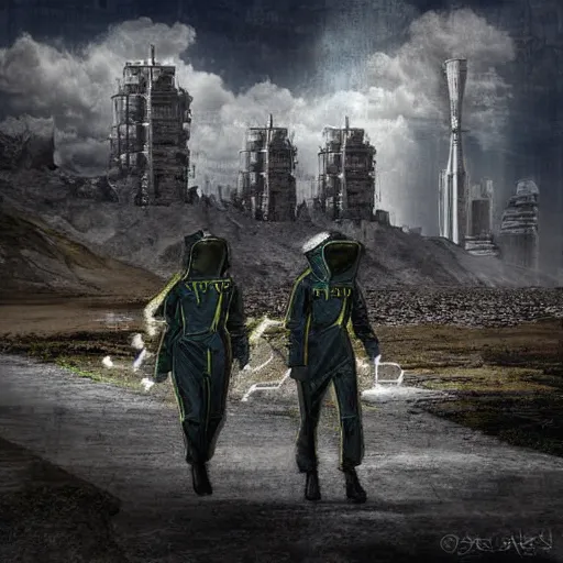 Image similar to a surreal landscape with towers in a harsh environment, two figures dressed in biohazard suits are walking, digital art