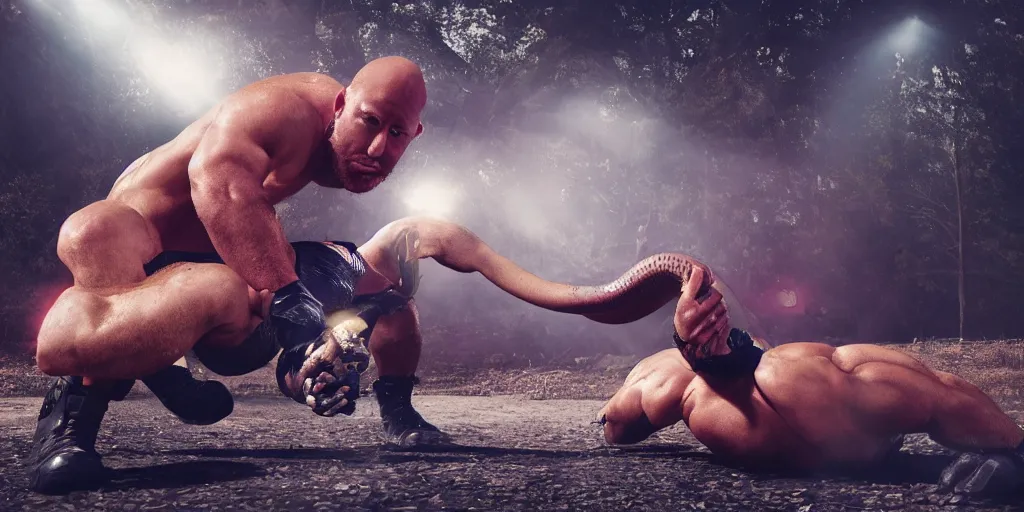 Image similar to Ryback wrestling a snake outdoors, photorealistic, hyperrealistic, ultra hd, cinematic lighting, artstation, award-winning, 4k, leica sl2 30mm, beautiful color, high quality, high textured, lens flare