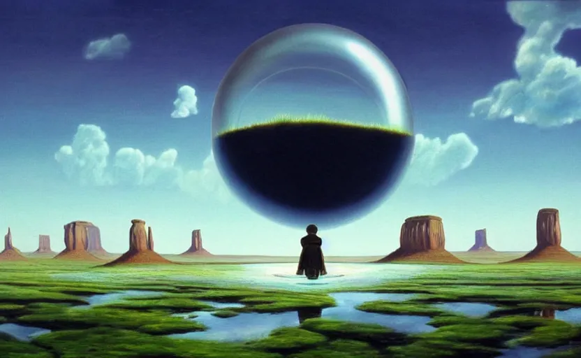 Prompt: a scary hyperrealist painting of a rocketship in a giant transparent forcefield crystal ball from howl's moving castle ( 2 0 0 4 ) in a flooded monument valley stonehenge jungle. depth perception, 4 k, artstation, in the style of studio ghibli