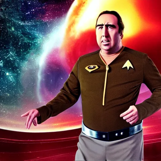 Prompt: a fat nic cage playing captain kirk in star trek, hd digital photography, movie still