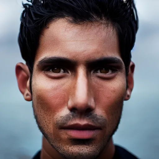 Image similar to color portrait of a very handsome peruvian male model by emmanuel lubezki