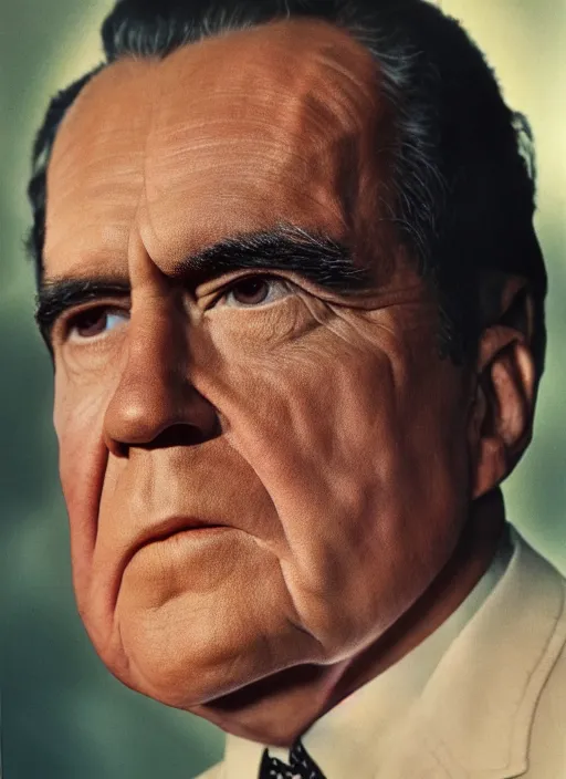 Prompt: 3 0 0 0 ( richard nixon ), portrait photography feroflex photorealistic studio lighting ektachrome detailed intricate face details, ultradetails, beautiful face, realistic shaded perfect face, extremely fine details