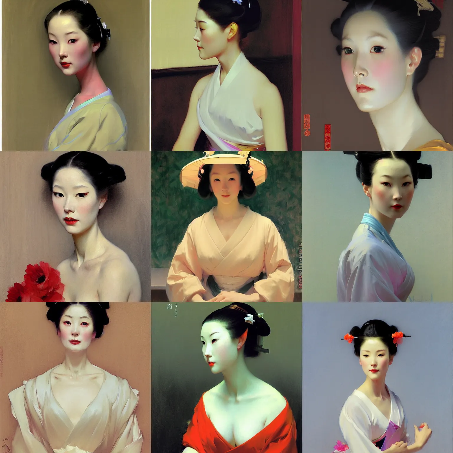 Prompt: yanjun cheng portrait of a beautiful geisha android by norman rockwell, bouguereau