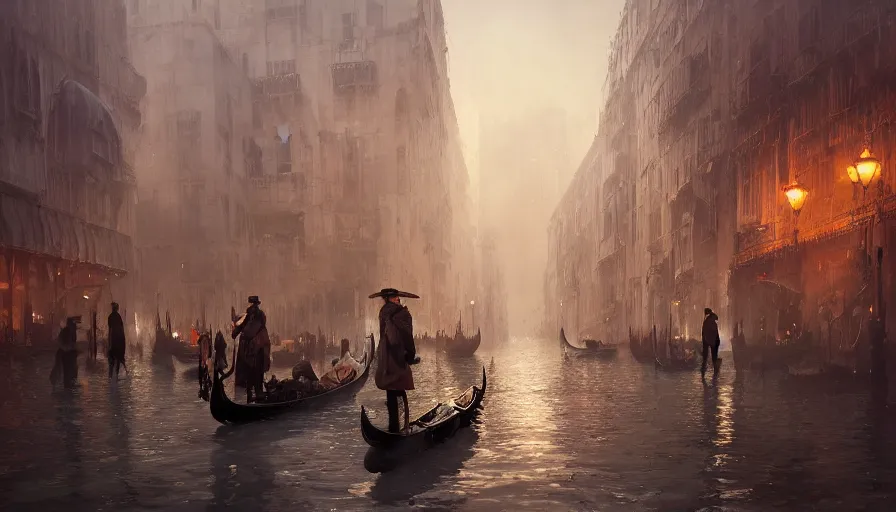 Image similar to Venice turned to a Dieselpunk city, steam, dieselpunk gondola, oil petroleum rivers, epic composition, intricate, elegant, volumetric lighting, digital painting, highly detailed, artstation, sharp focus, illustration, concept art, ruan jia, steve mccurry